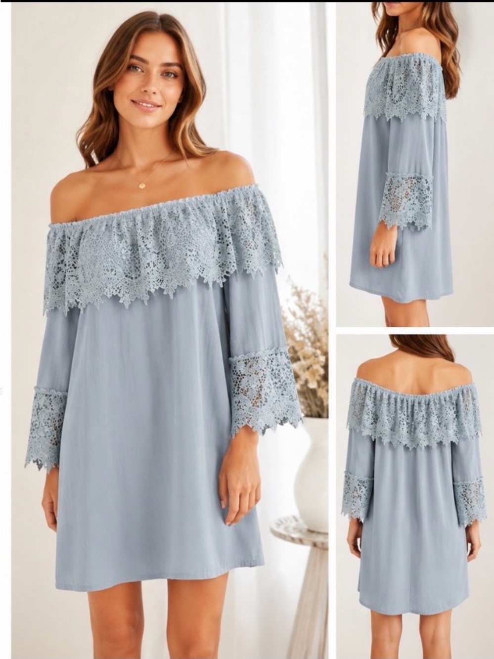 Willow & Clay Off Shoulder Lace Shift Dress Dusty Blue Bell Sleeve - Size Large